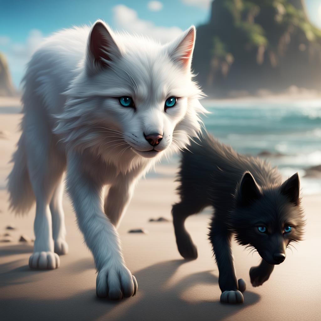 Kitten and Wolf Beach Stroll: Fantasy Concept Art