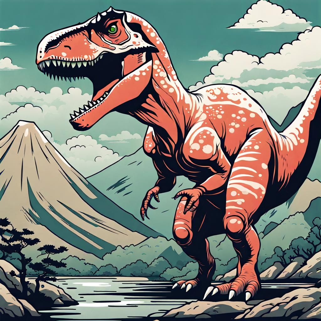 Dinosaur Vector Art in Ukiyo-e Style