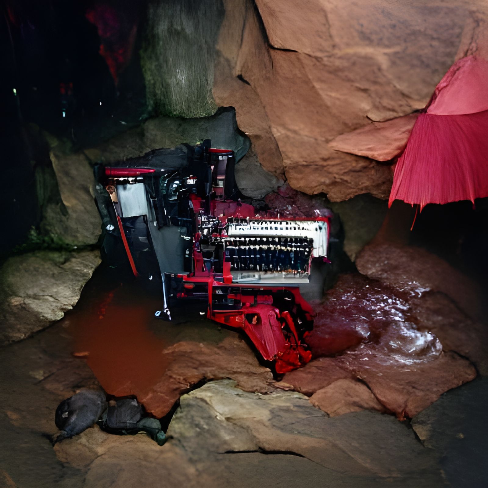 Bloody Broken Machine in Dark Cave Photograph