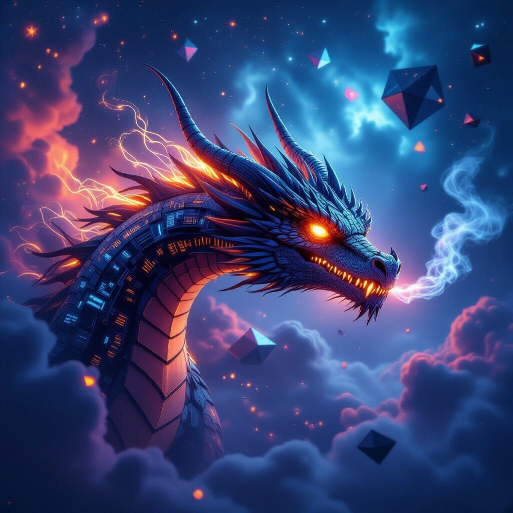 Biomechanical Dragon Soars Through Digital Nebula