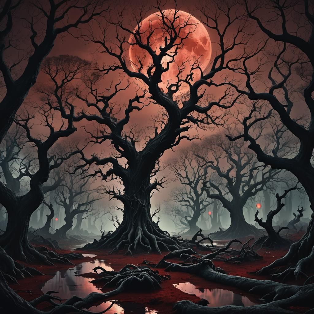 Eerie Dark Fantasy Forest Under Blood Red Moon