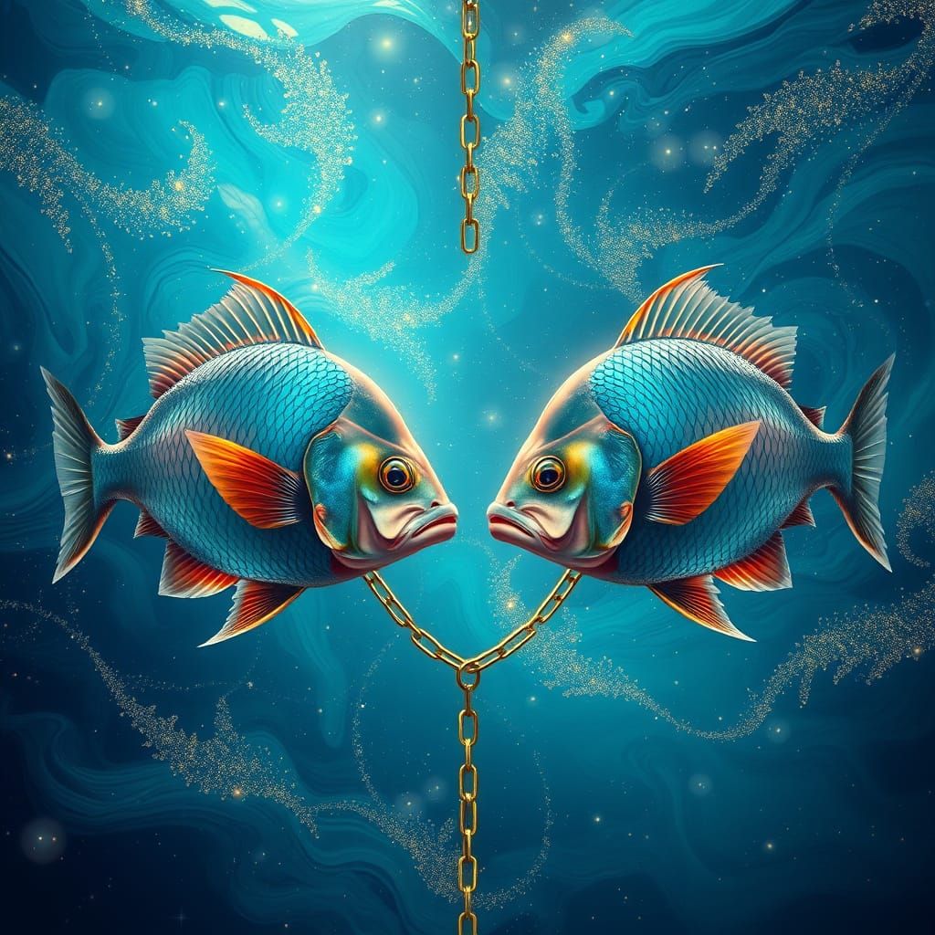 Symmetrical Fish Connected by Chain in Dreamlike Scene