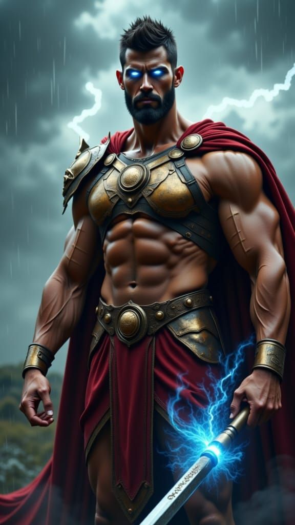 Bronze Superhero in a Dramatic Storm