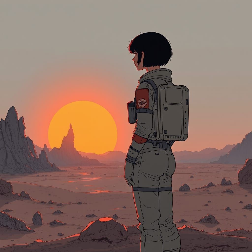 Astronaut Gazes at Alien Binary Sunset