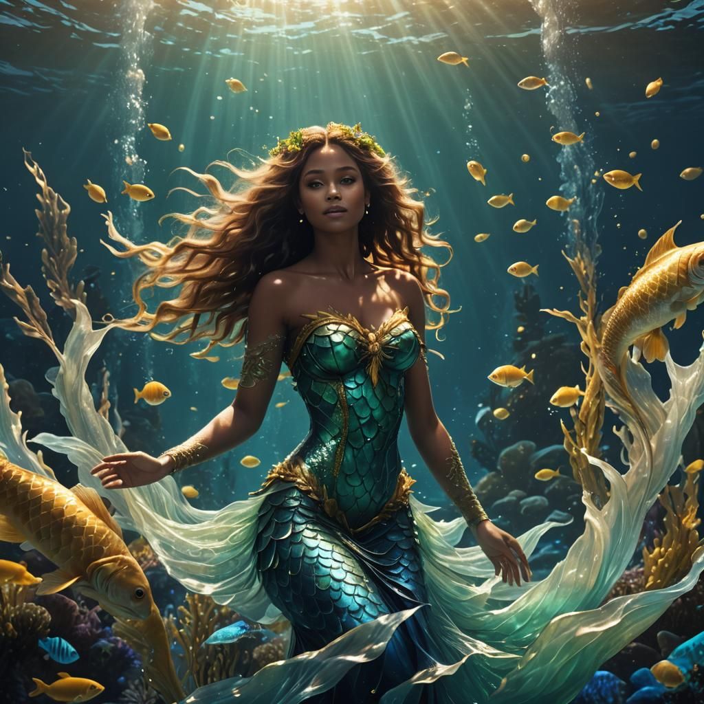 Regal Mermaid Queen Rising from Ocean Waves