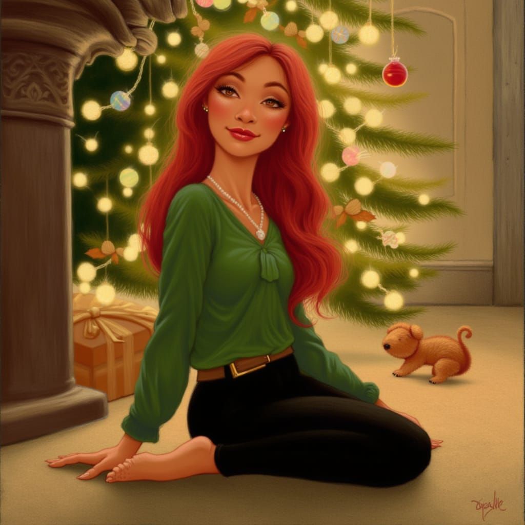 Woman in Green Shirt Sits by Christmas Tree, Whimsical Illus...