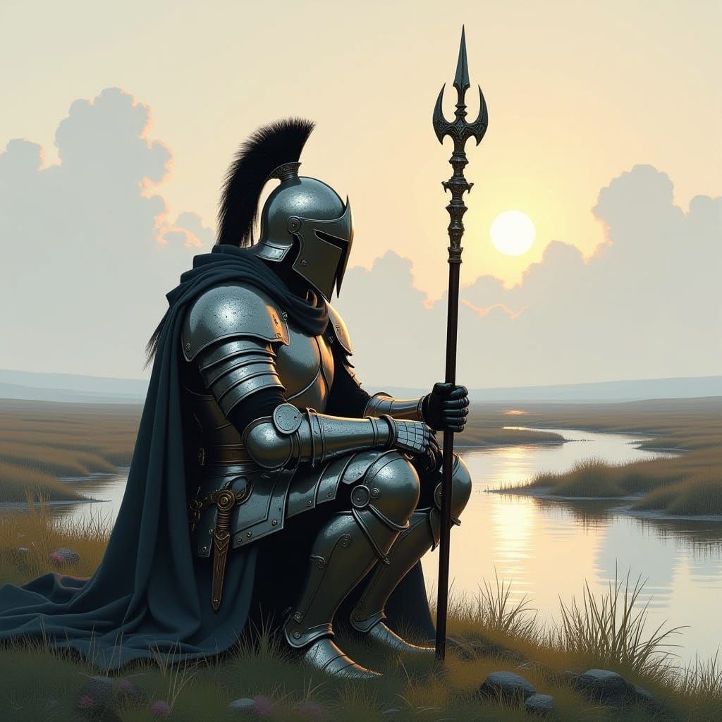 Majestic Armored Warrior in Dreamlike Landscape