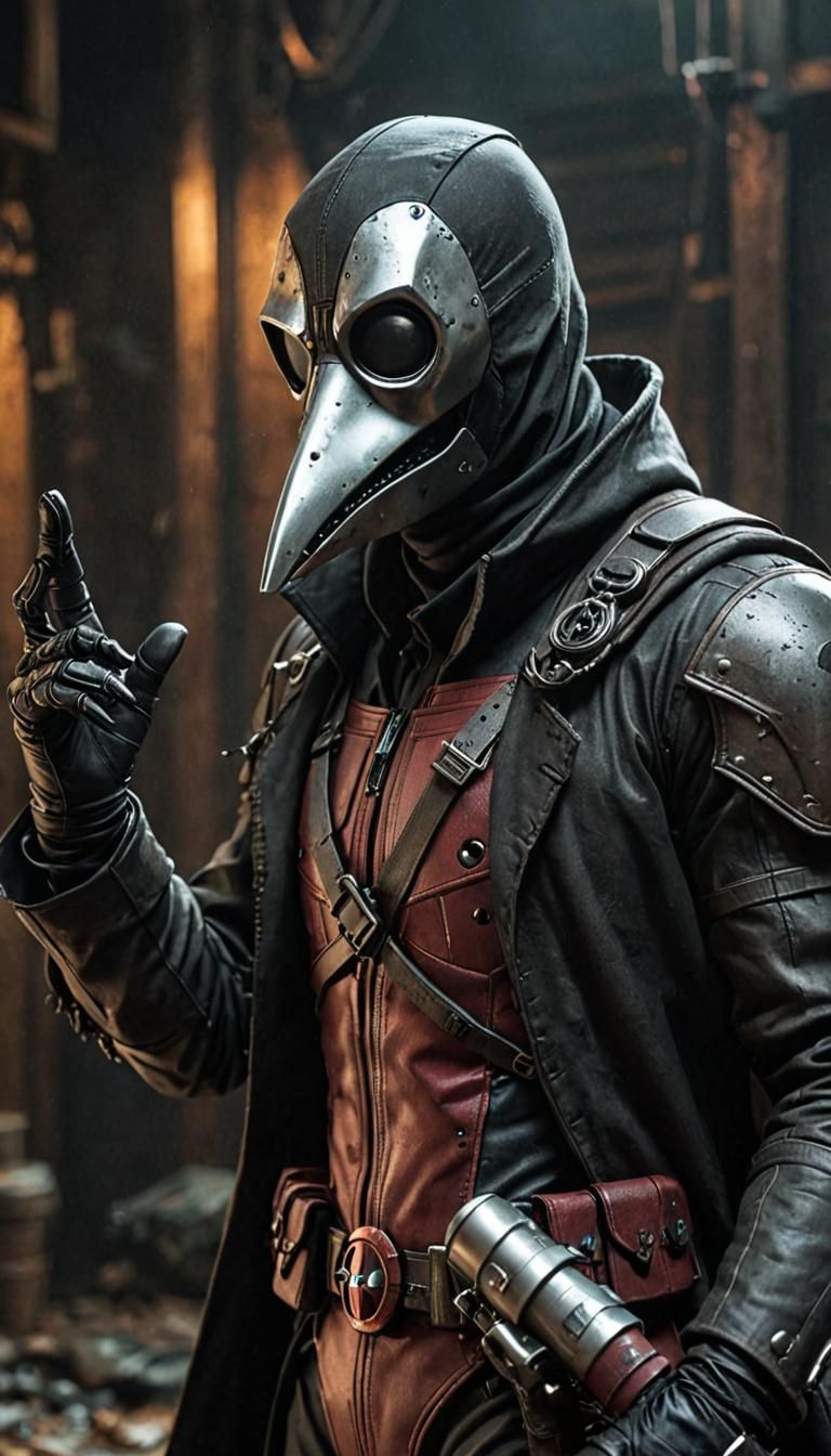 Futuristic Plague Doctor Deadpool in Photorealistic Style