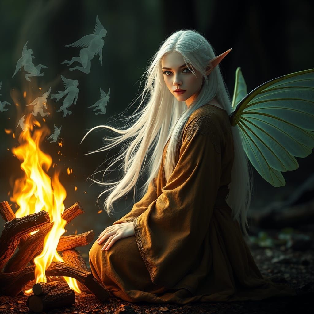 Ethereal Elf Shaman Amidst a Mystical Fire