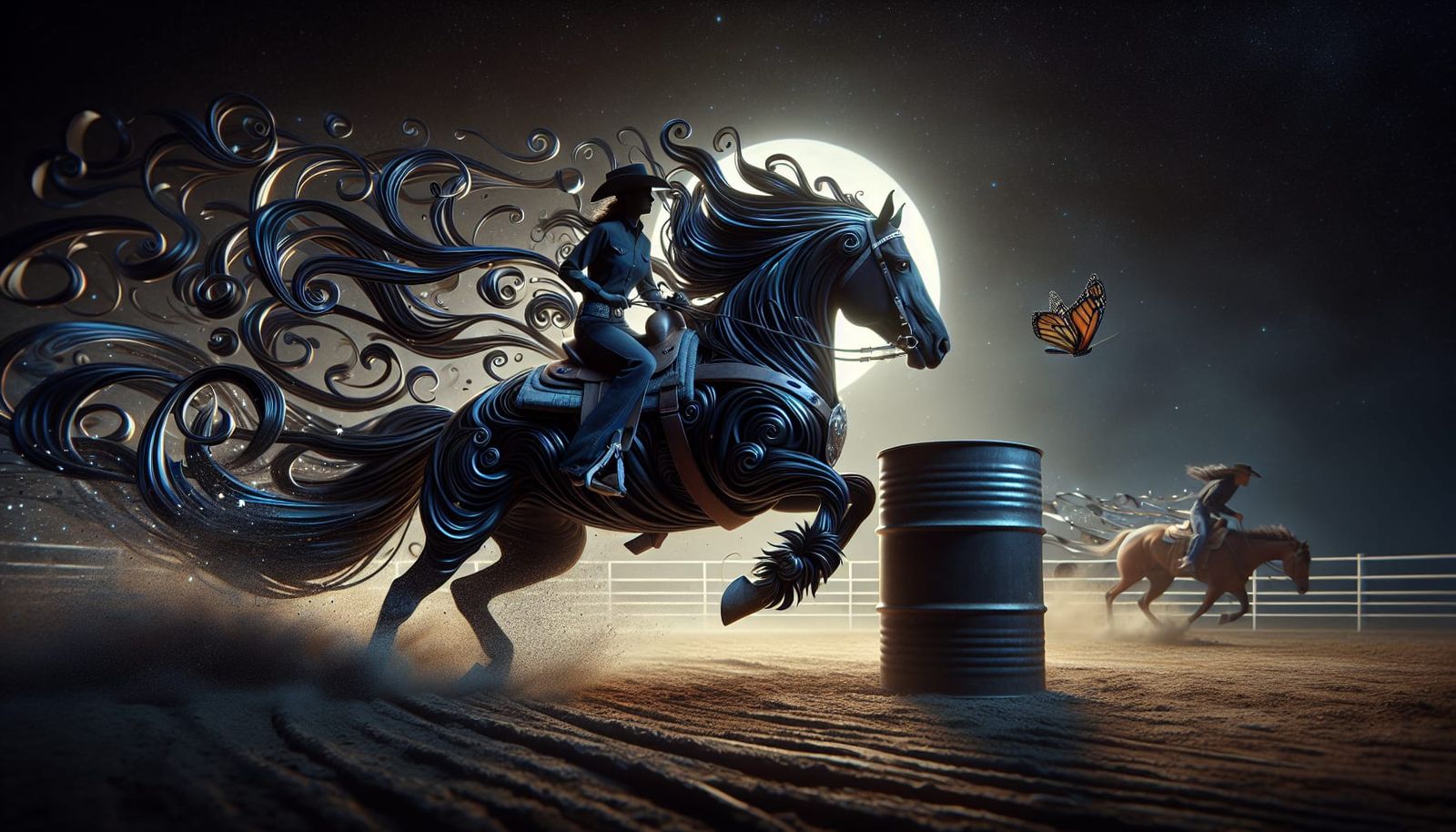 Cowgirl on Midnight Horse Barrel Racing Under Night Sky