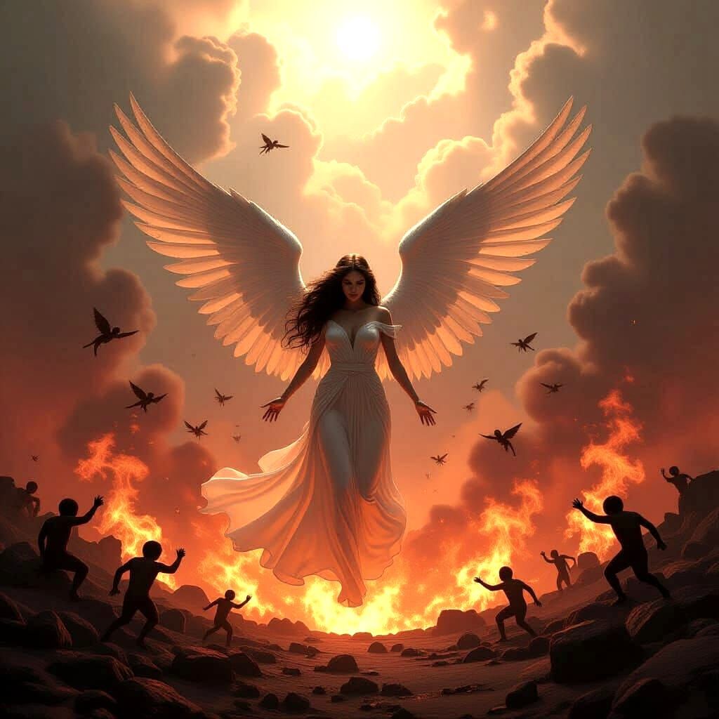 Angel Trapped in Hell Surrounded by Fire and Devils