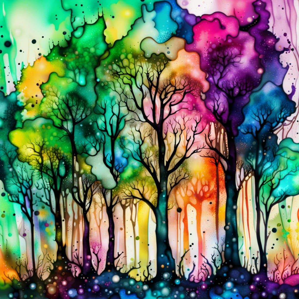 Colorful Alcohol Ink Forest Splatter Art