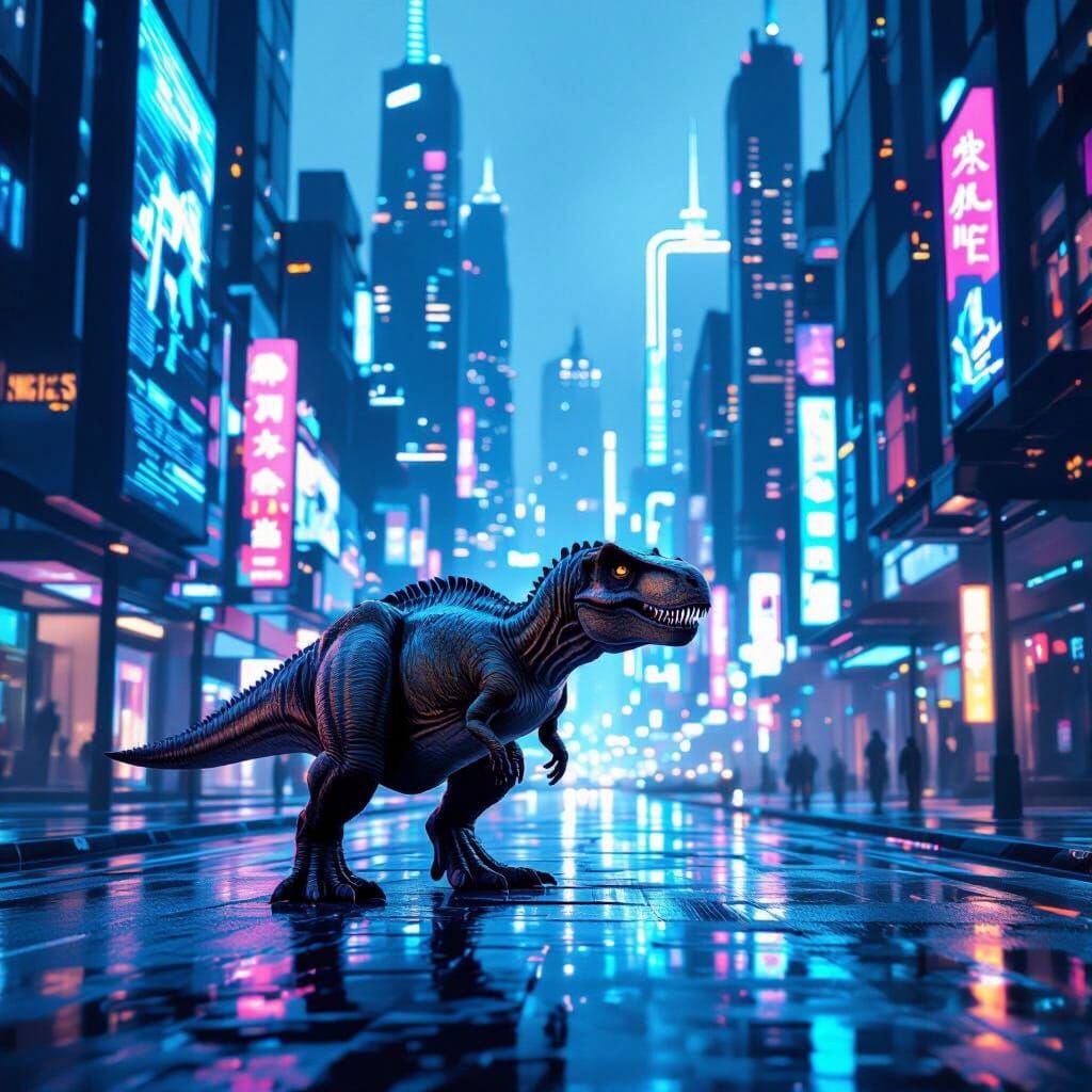 Baby T-Rex Explores Neon Blue Cyberpunk City