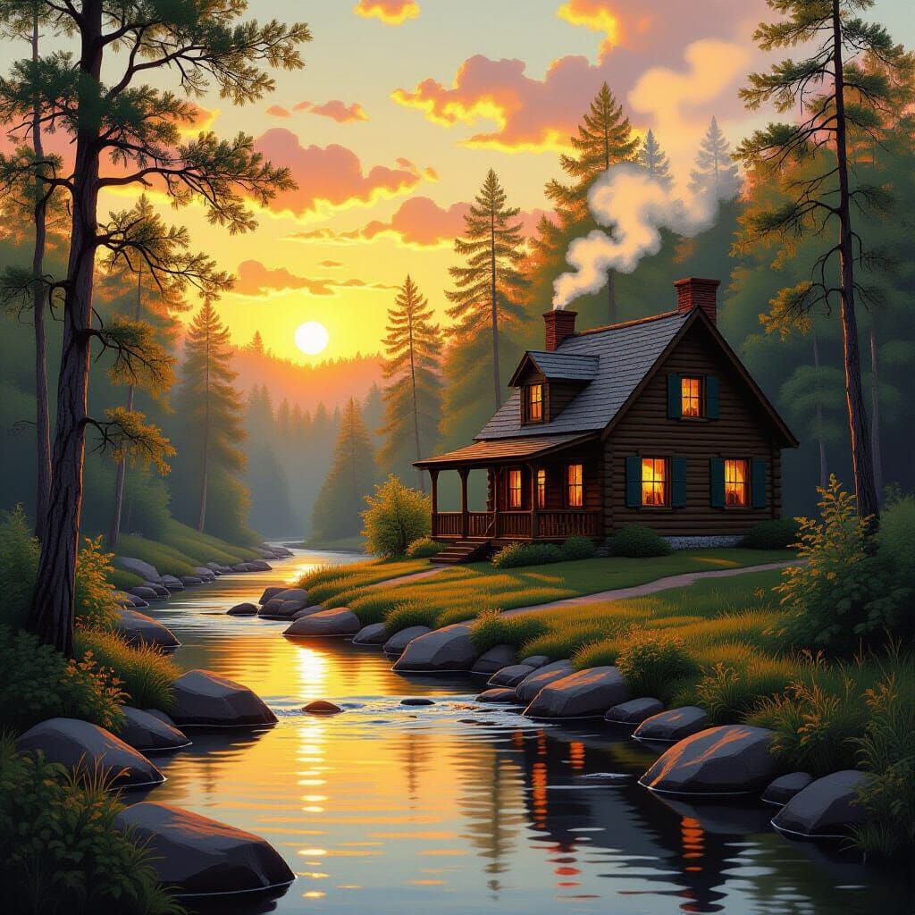 Cozy Cabin by Stream in Golden Sunset Light