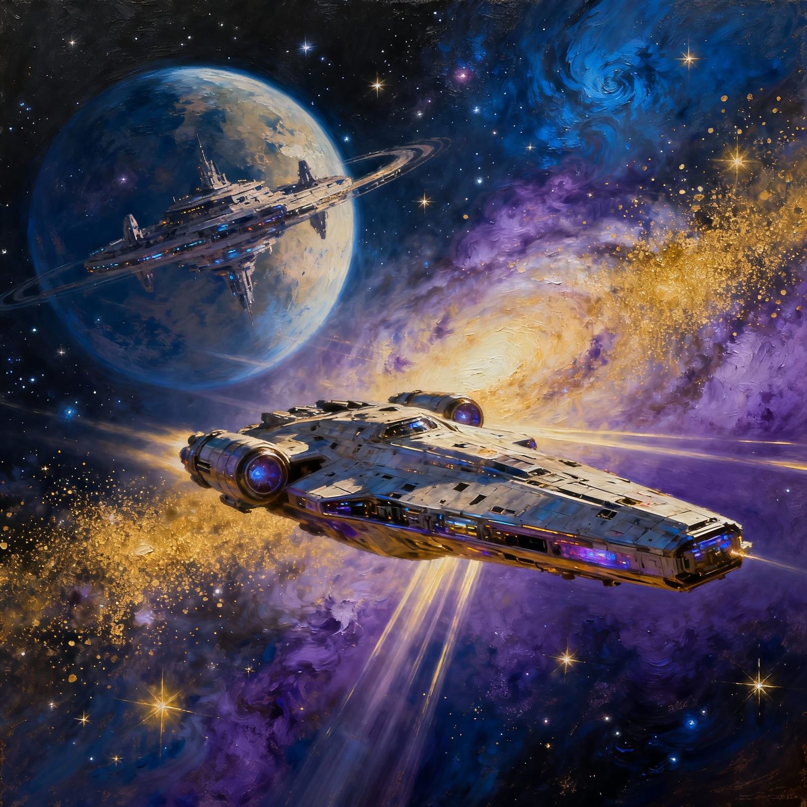 Futuristic Spacecraft Approaches Alien Station in Hyperreali...