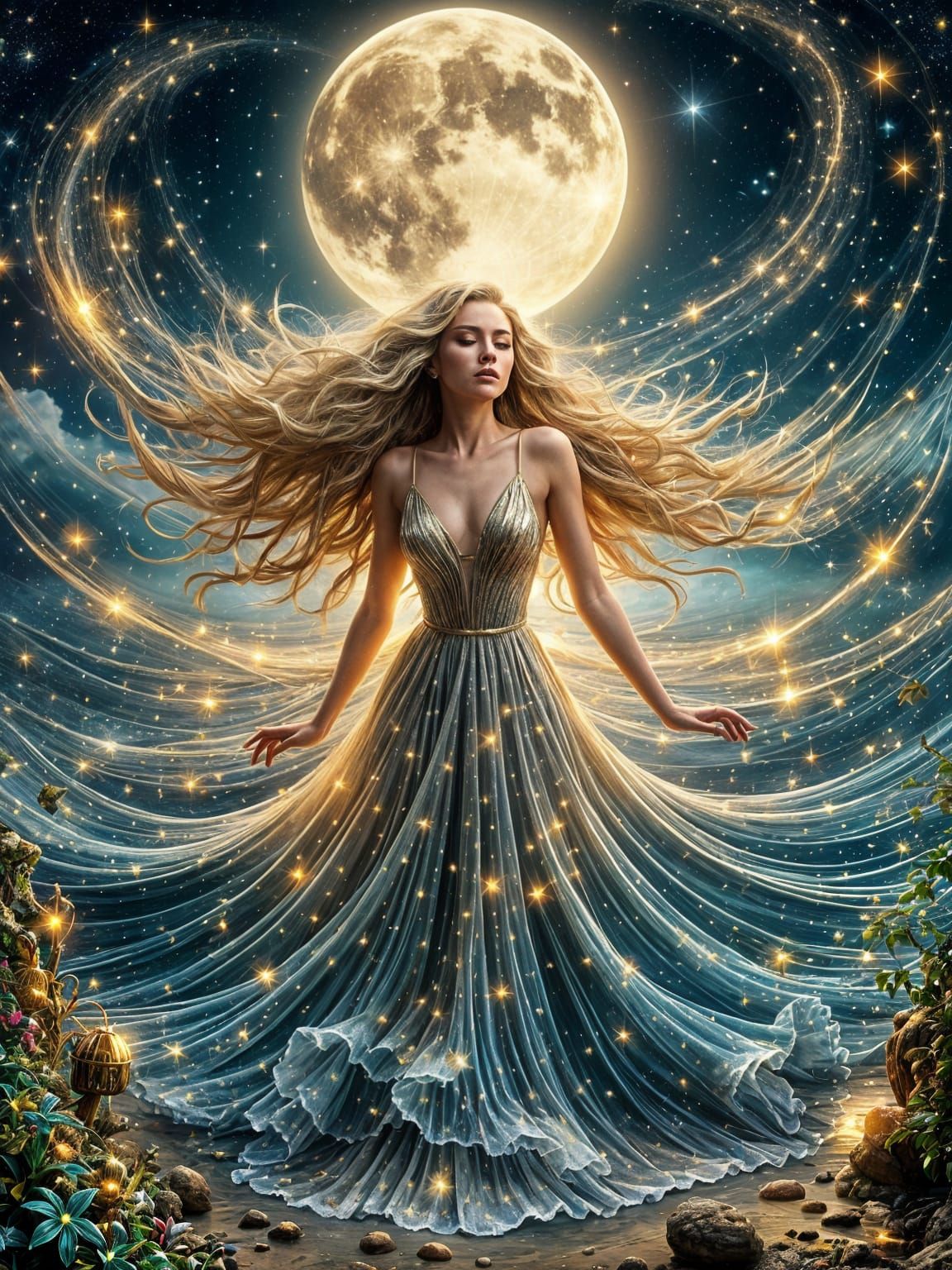 Celestial Goddess Hovering Above Calm Ocean, Airbrushed Styl...