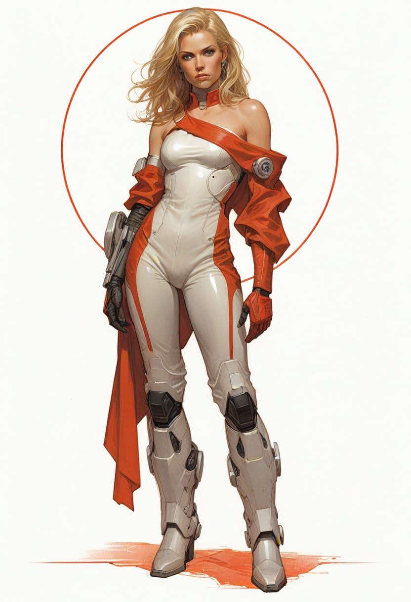 Sci-Fi Woman in Neon Power Armor with Power Boots