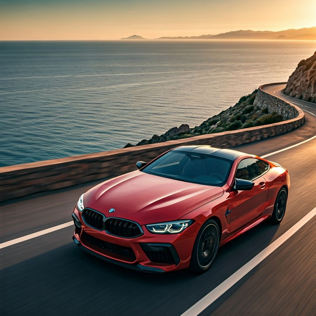 Red BMW M8 Speeds on Coastal Road in Golden Hour