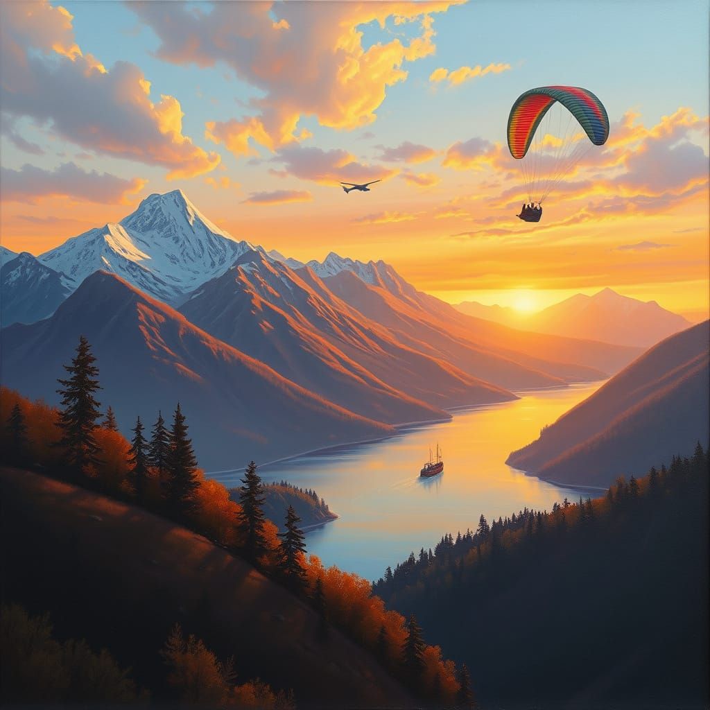 Dreamlike Autumn Sunset Landscape with River and Mountains