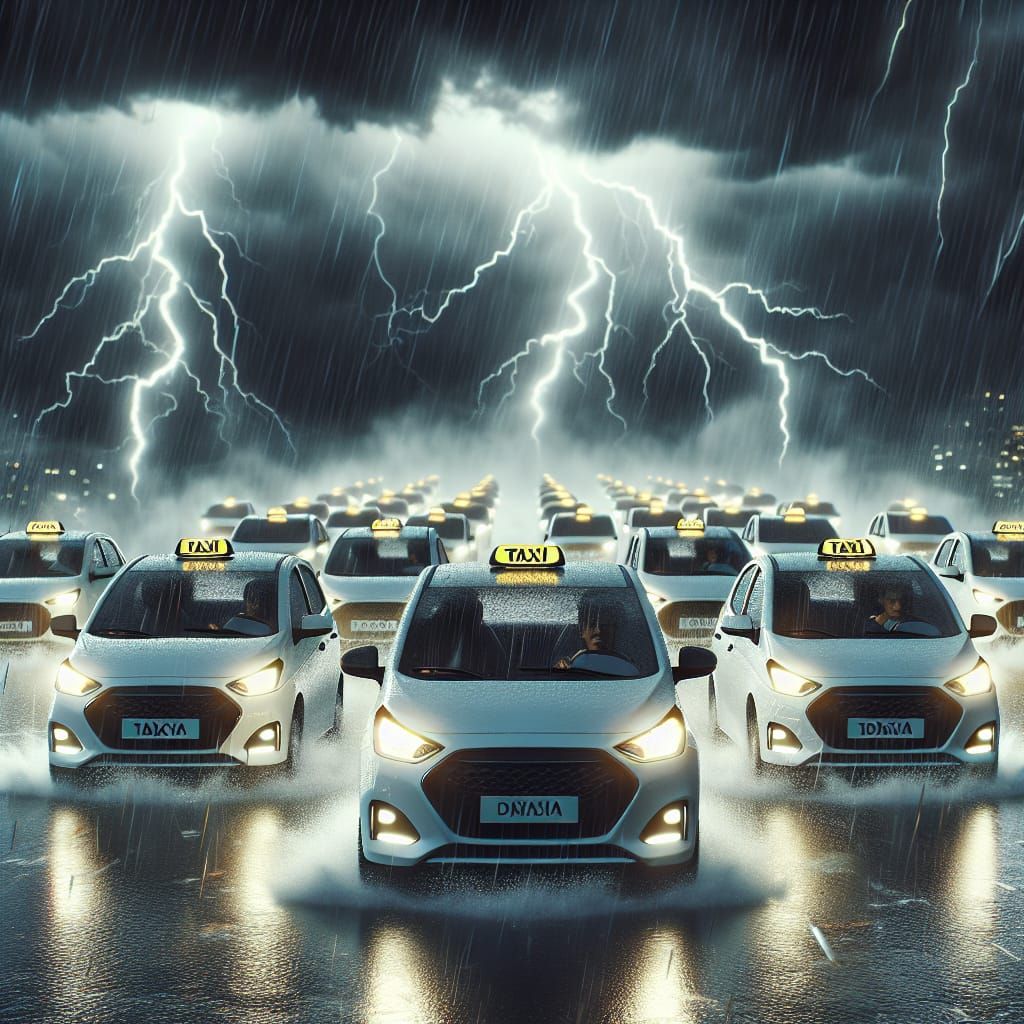 White Taxi Convoy Battles Through a Dark Stormy Night