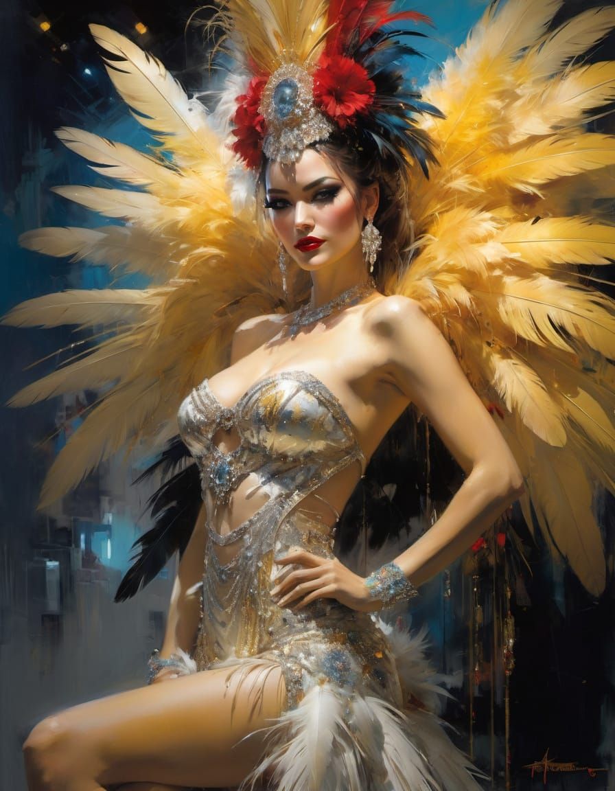 Glamorous Showgirl on Stage: a Pino Daeni-Style Painting