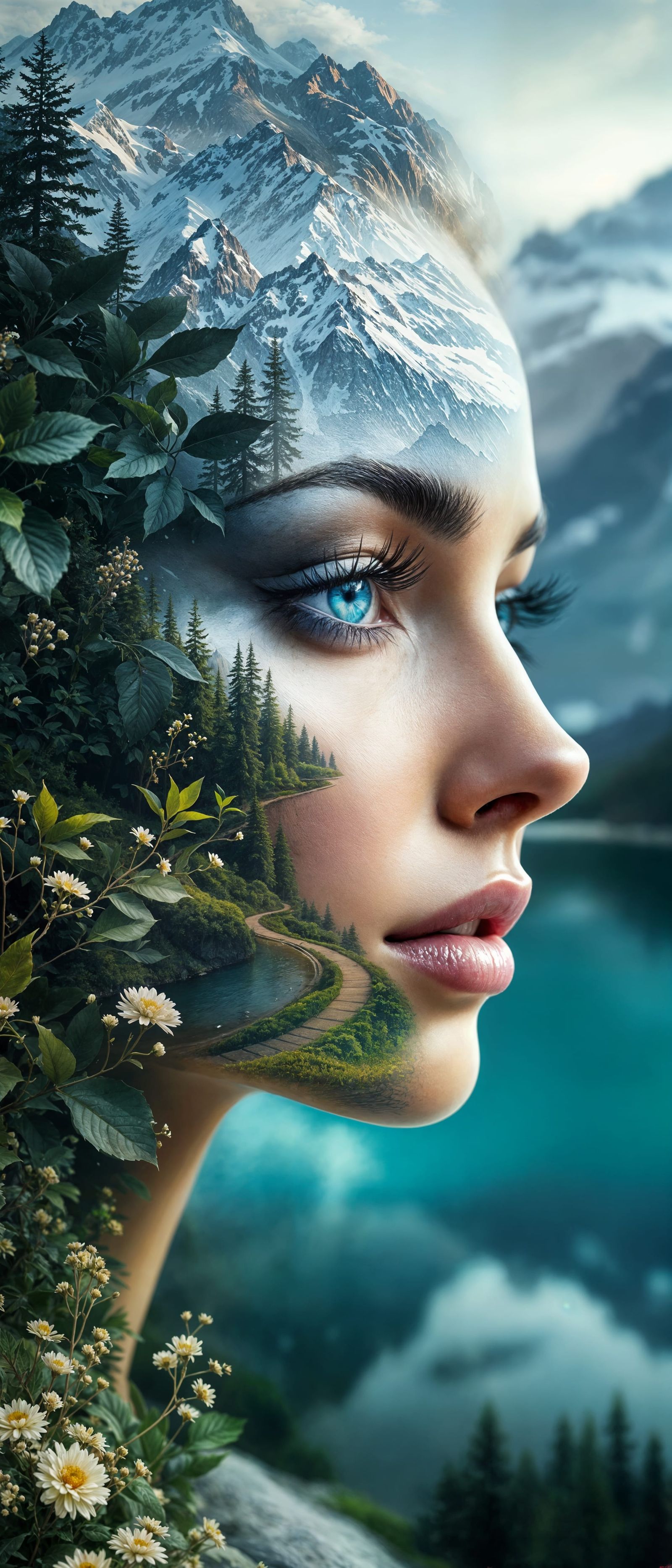 Mountain Landscape Reflected on Woman's Face