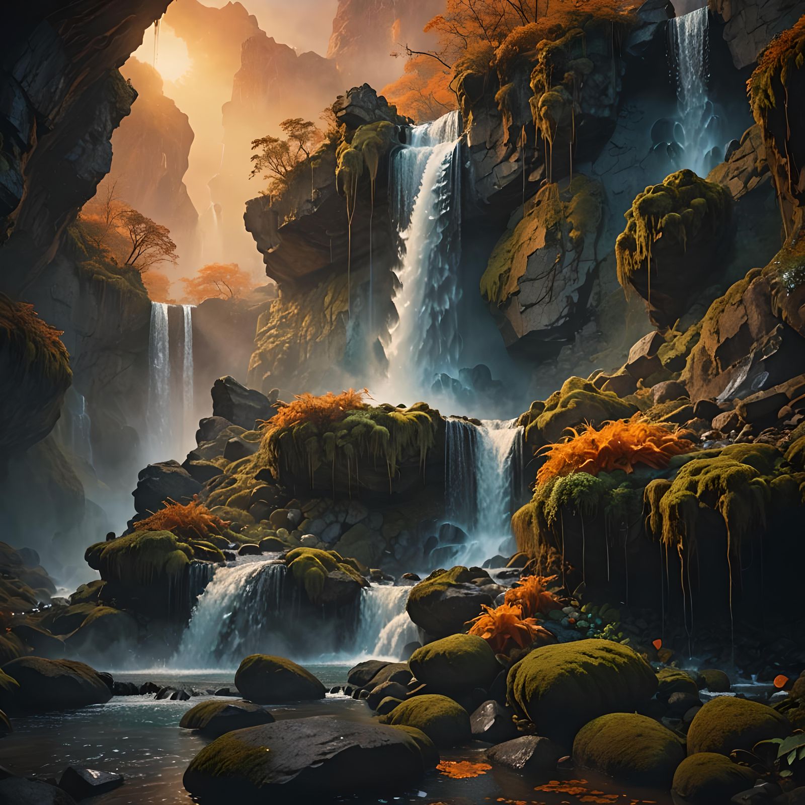 Surreal Sky Waterfall Flows Underground: Fantasy Concept Art