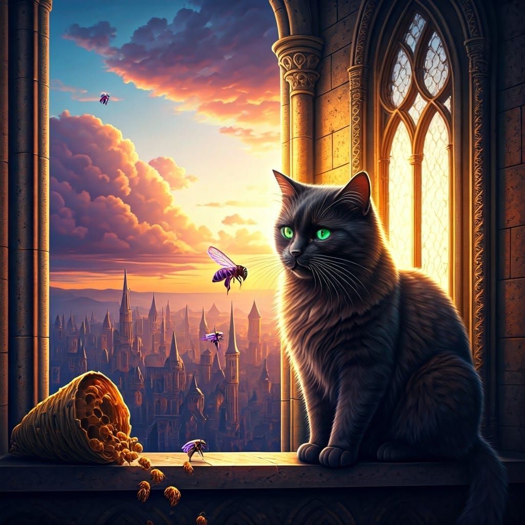 Regal Cat Faces Magical Menace in Sunset Castle Scene