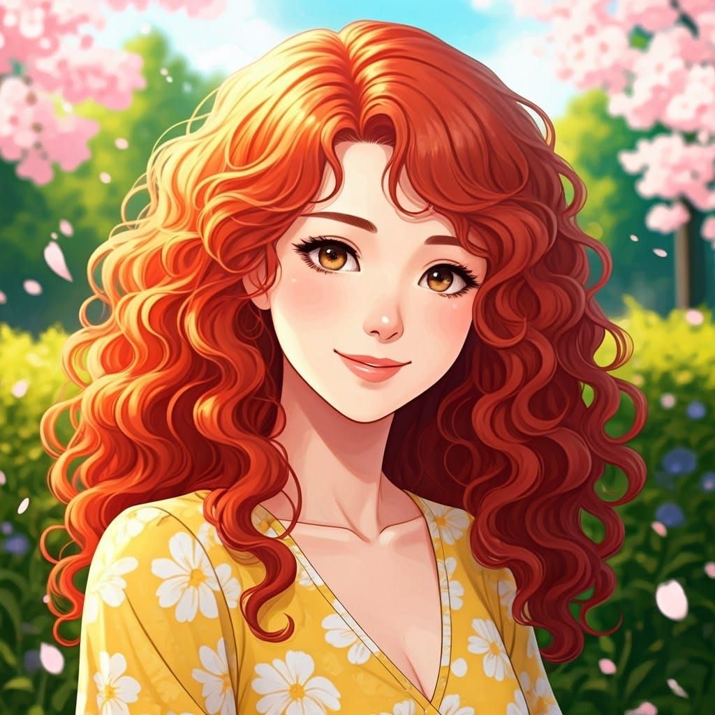 Red-Haired Woman Smiling in Anime Key Visual Style