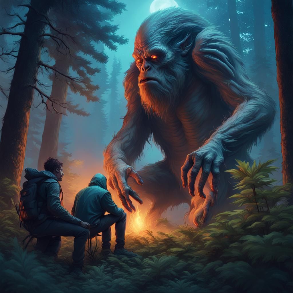 Alien and Bigfoot Smoking Together, Detailed Art