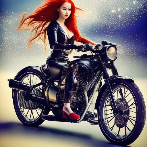 Red-Haired Biker Lady in Ethereal Fantasy Style