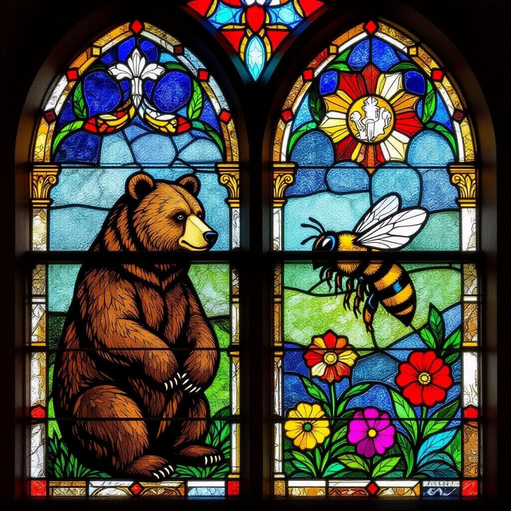 Bear and Bee in Colorful Stained Glass Church Window