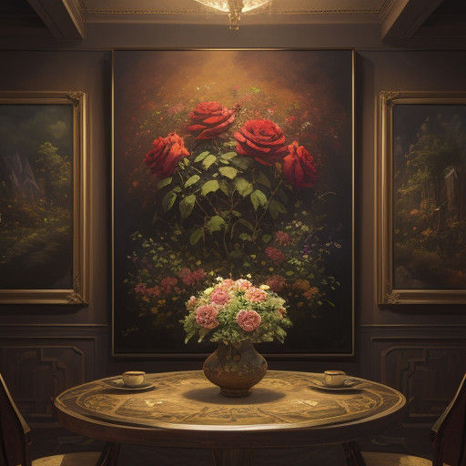 Vibrant Oil Painting of Roses in an Ornate Setting
