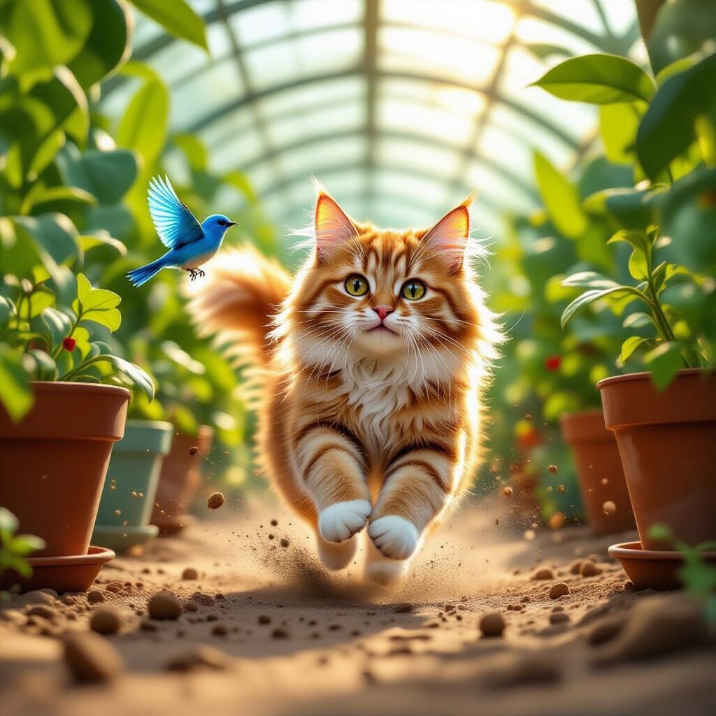 Ginger Cat Chases Bird in Greenhouse, Comic Art Style