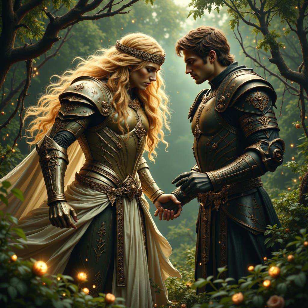 Celestial Knight vs. Demonic Warrior in Art Nouveau Style