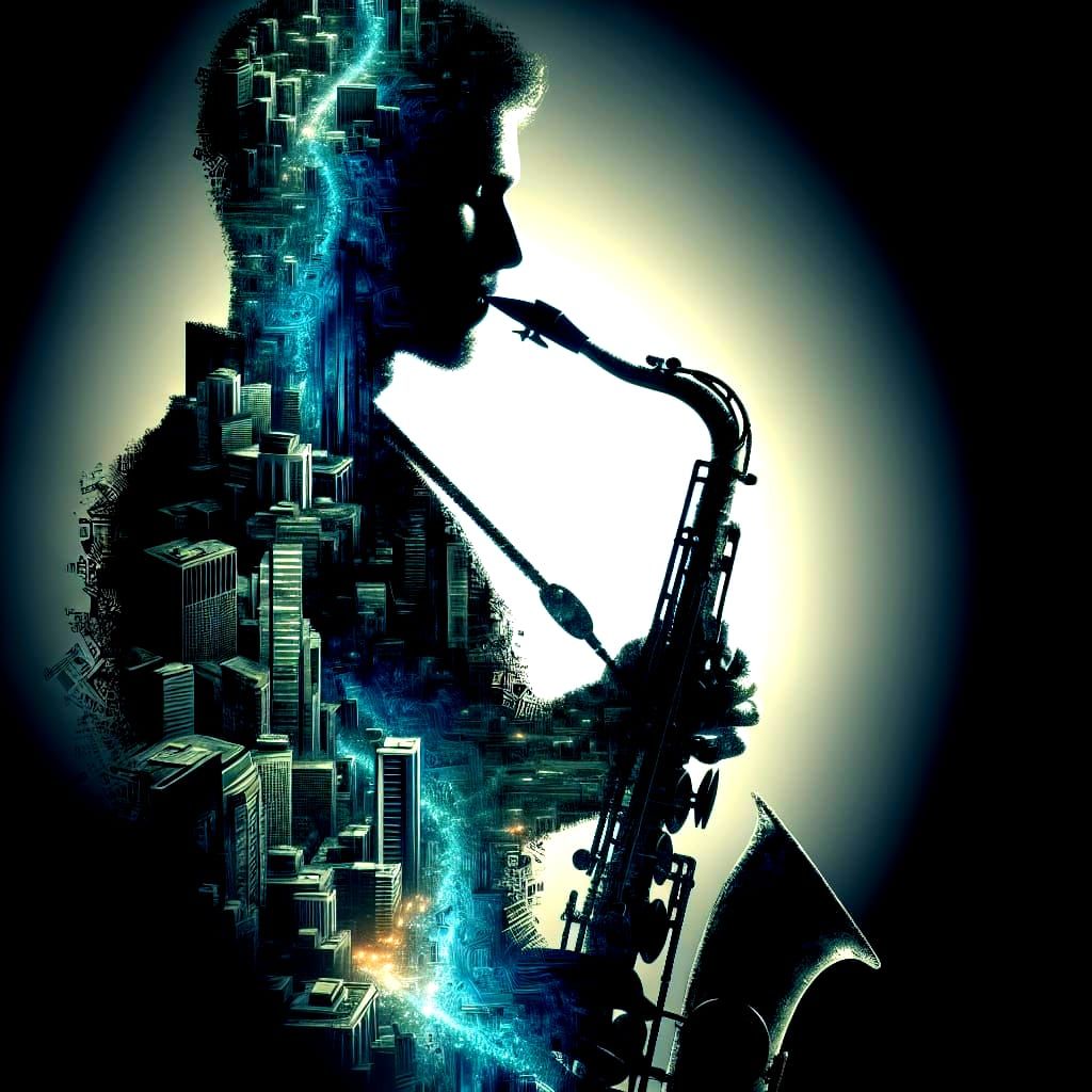 Holographic Saxophone Player in Dystopian Cityscape