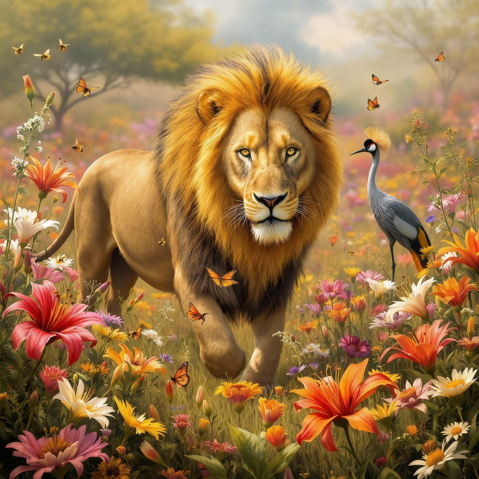 Majestic Male Lion Among Wildflowers with Cranes and Bees