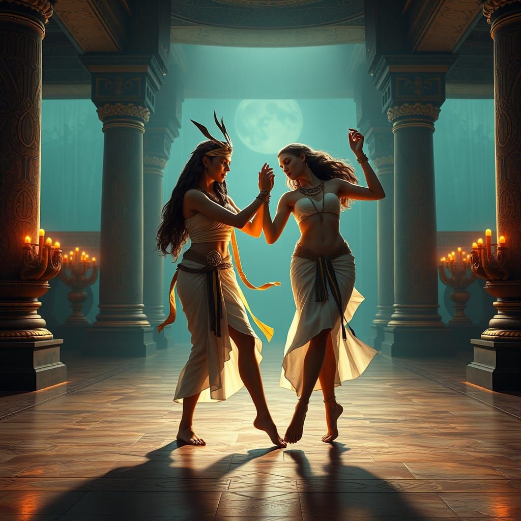Ancient Egyptian Goddesses Dancing in Palace Splendor