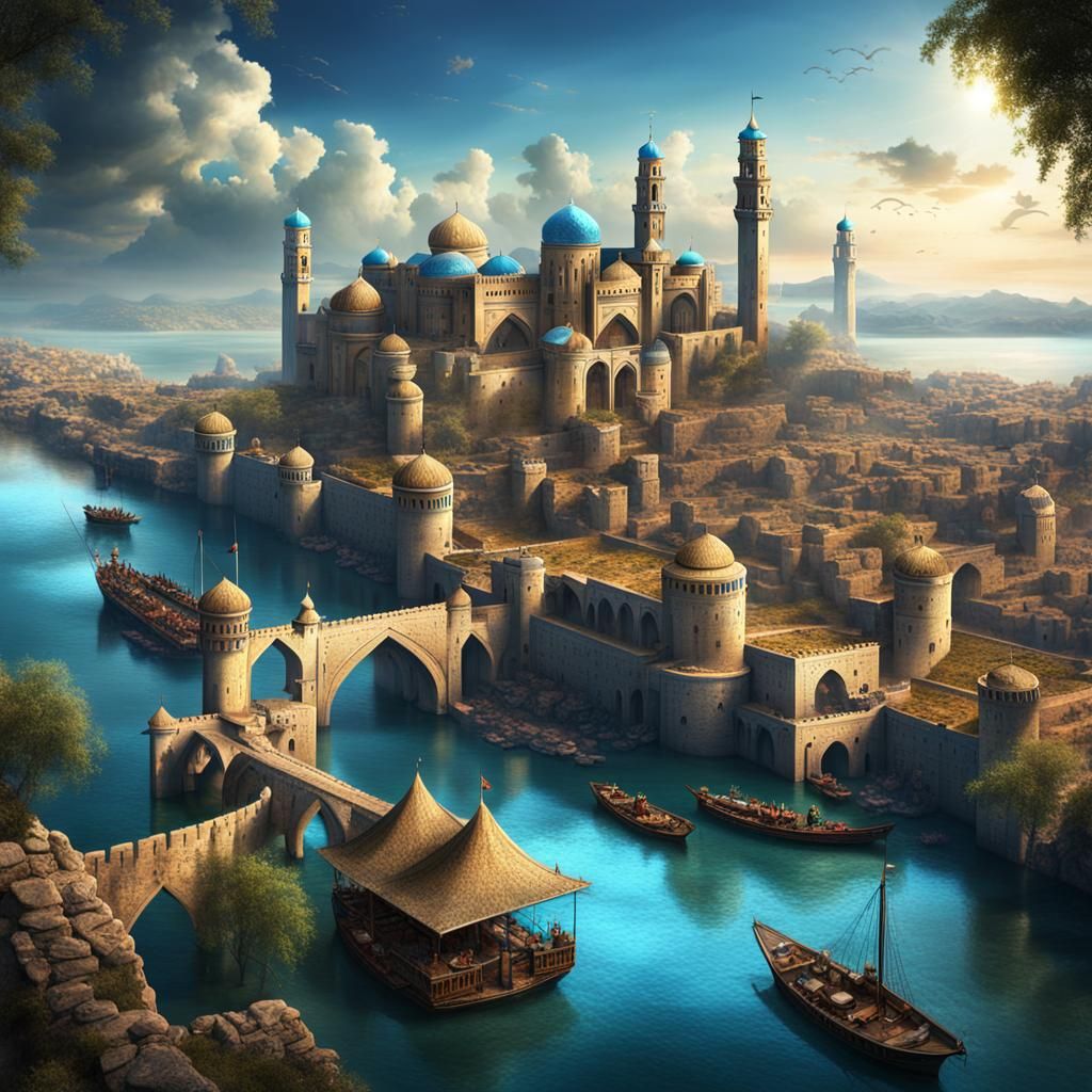 Fortified Arabic Port City in Dark Fantasy Style