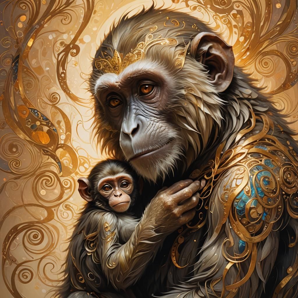 Monkey with Human Face Embracing in Fantasy Art