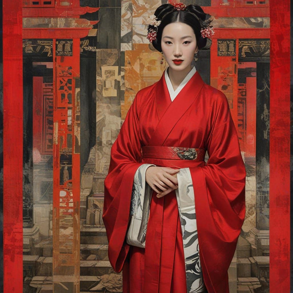 Eastern Empress in Distressed Red Silk Robes within a Muted ...