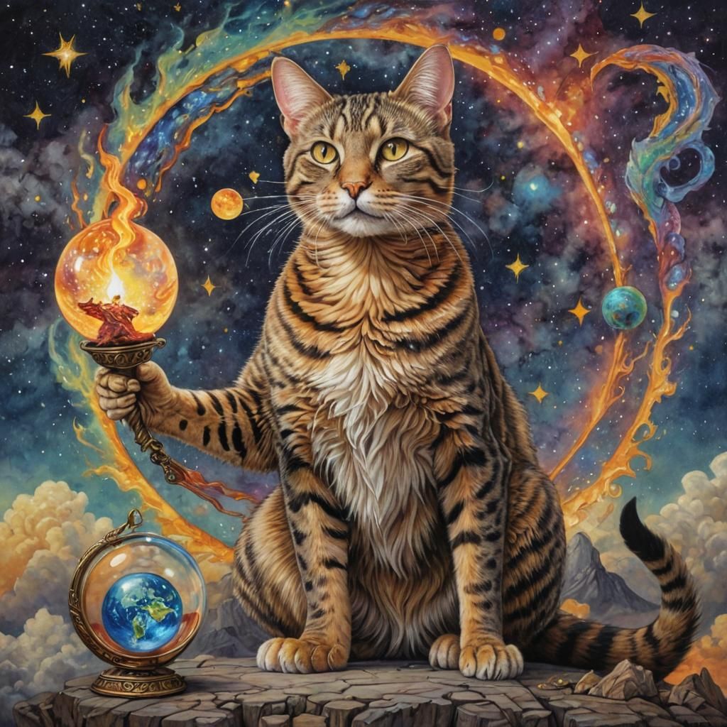 Magical Tabby Cat with Flaming Torch