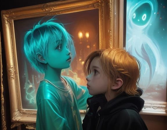 Child Meets Friendly Ghost in Dark Room Oil Painting