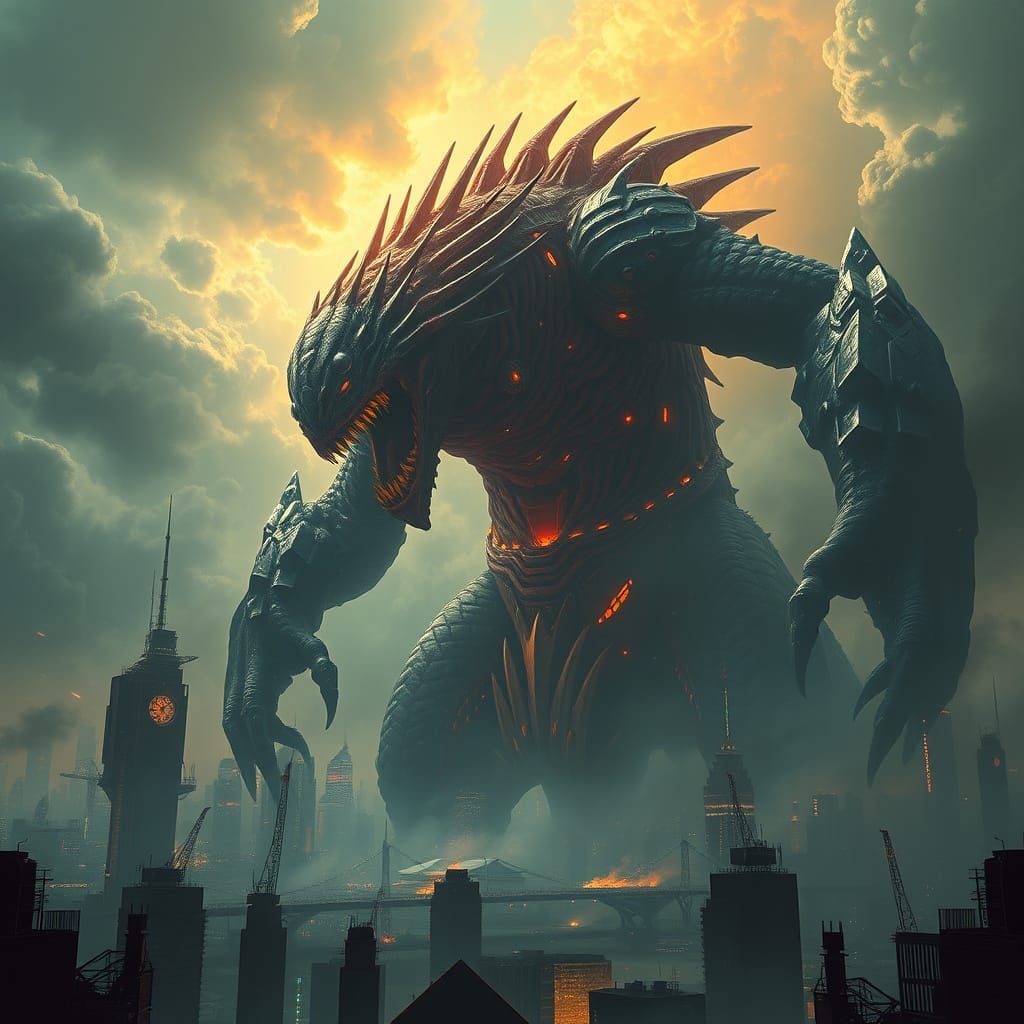 Colossal Monster Towers Over Cityscape with Dramatic Lightin...