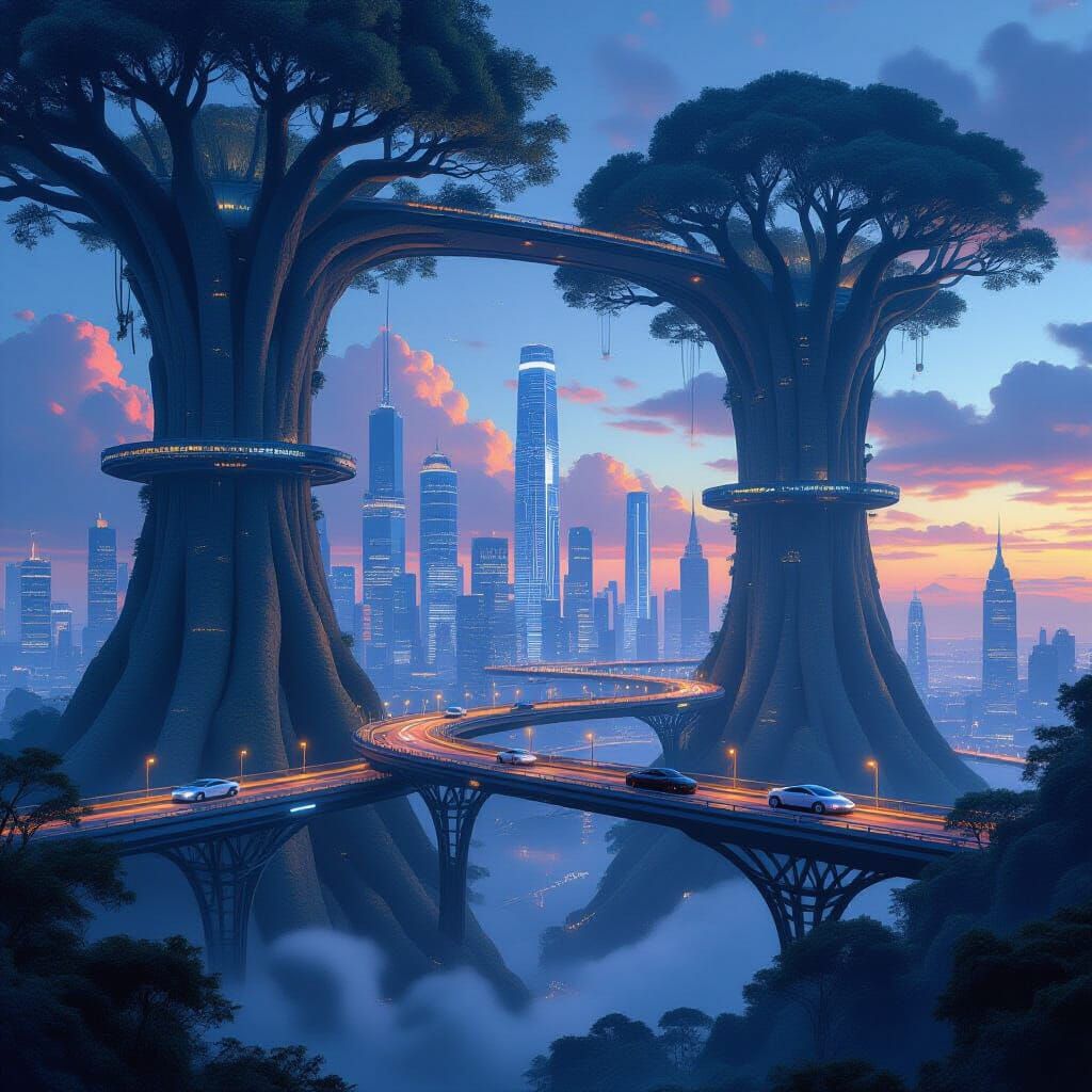 Fantasy Cityscape in Giant Trees at Twilight