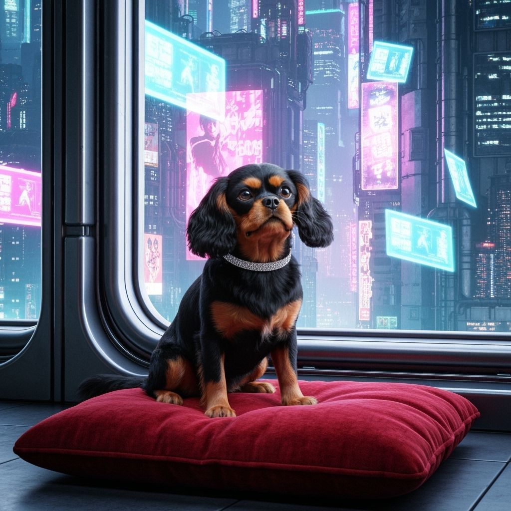 Cavalier King Charles Spaniel in Cyberpunk Cityscape