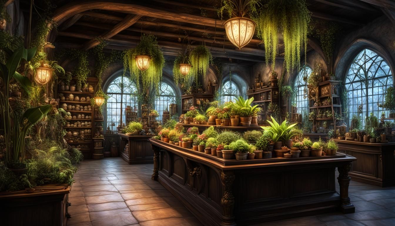 Magical Plant Store Interior in Medieval Fantasy Style