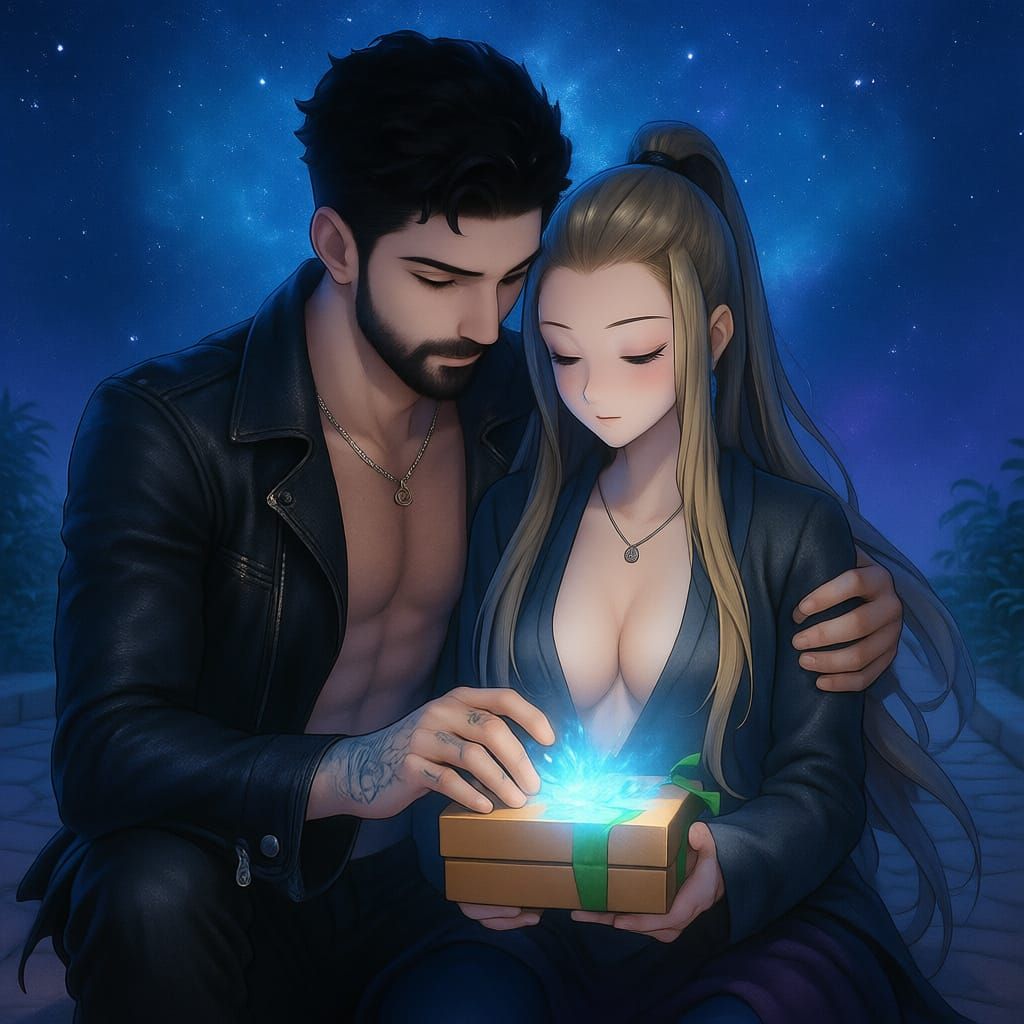 Loving Couple Under Starry Night Sky in 3D Anime Style