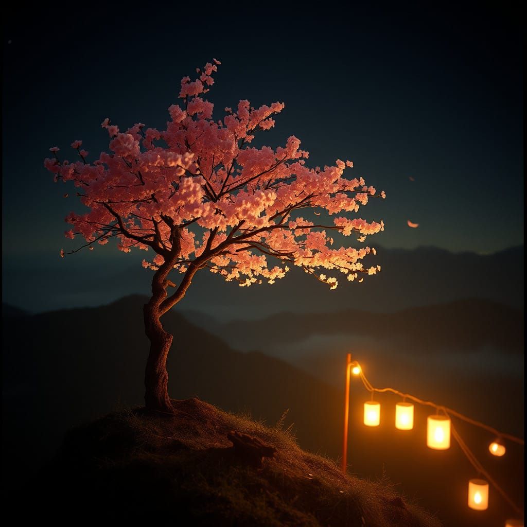 Ethereal Cherry Blossom Scene in Nighttime