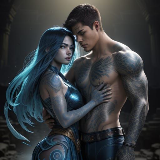 Teen Couple With Glowing Tattoos in Ancient Ruins Comic Styl...